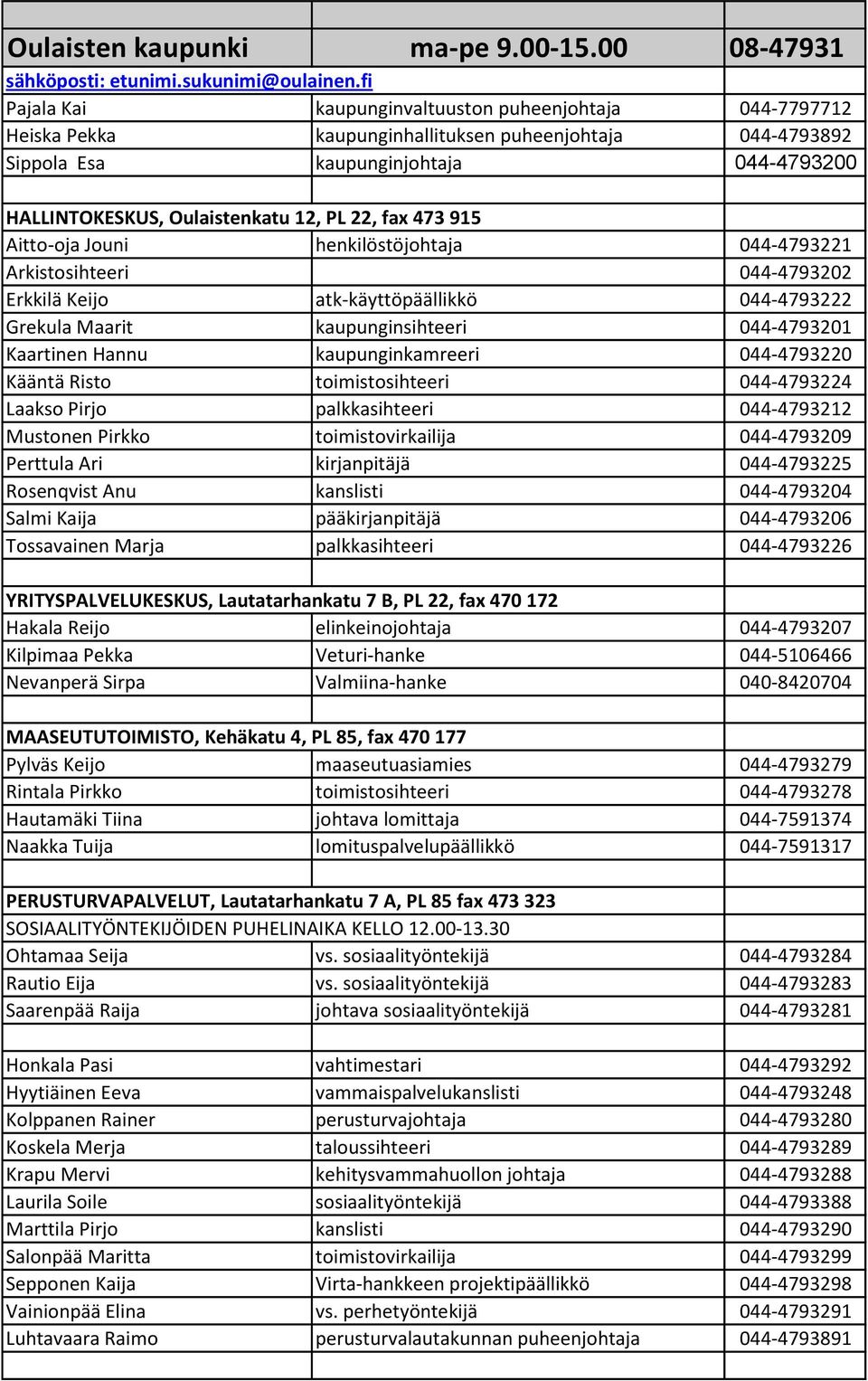 22, fax 473 915 Aitto-oja Jouni henkilöstöjohtaja 044-4793221 Arkistosihteeri 044-4793202 Erkkilä Keijo atk-käyttöpäällikkö 044-4793222 Grekula Maarit kaupunginsihteeri 044-4793201 Kaartinen Hannu