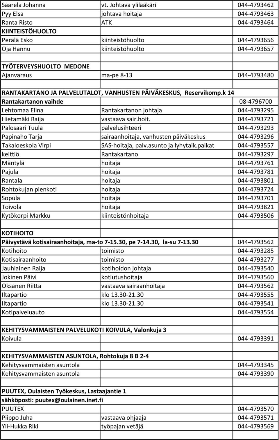 TYÖTERVEYSHUOLTO MEDONE Ajanvaraus ma-pe 8-13 044-4793480 RANTAKARTANO JA PALVELUTALOT, VANHUSTEN PÄIVÄKESKUS, Reservikomp.