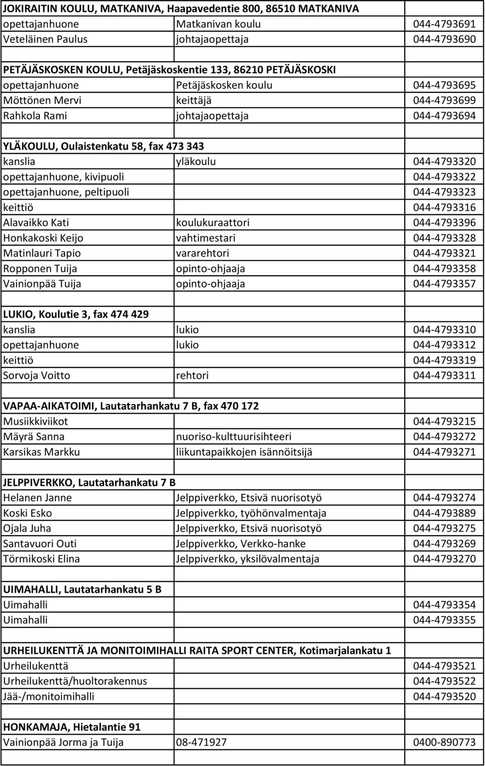 044-4793320 opettajanhuone, kivipuoli 044-4793322 opettajanhuone, peltipuoli 044-4793323 keittiö 044-4793316 Alavaikko Kati koulukuraattori 044-4793396 Honkakoski Keijo vahtimestari 044-4793328