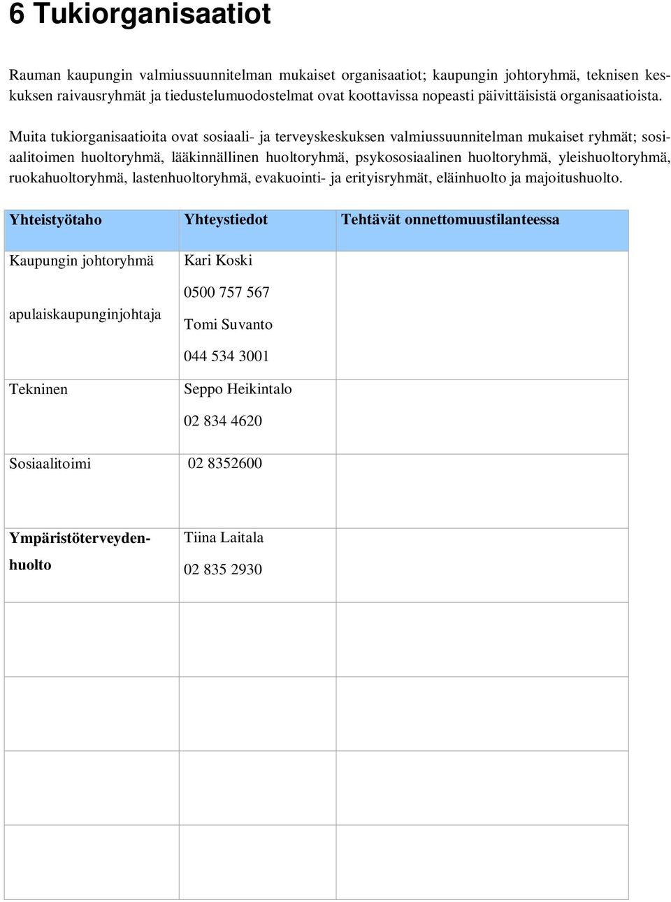 Muita tukiorganisaatioita ovat sosiaali- ja terveyskeskuksen valmiussuunnitelman mukaiset ryhmät; sosiaalitoimen huoltoryhmä, lääkinnällinen huoltoryhmä, psykososiaalinen huoltoryhmä,