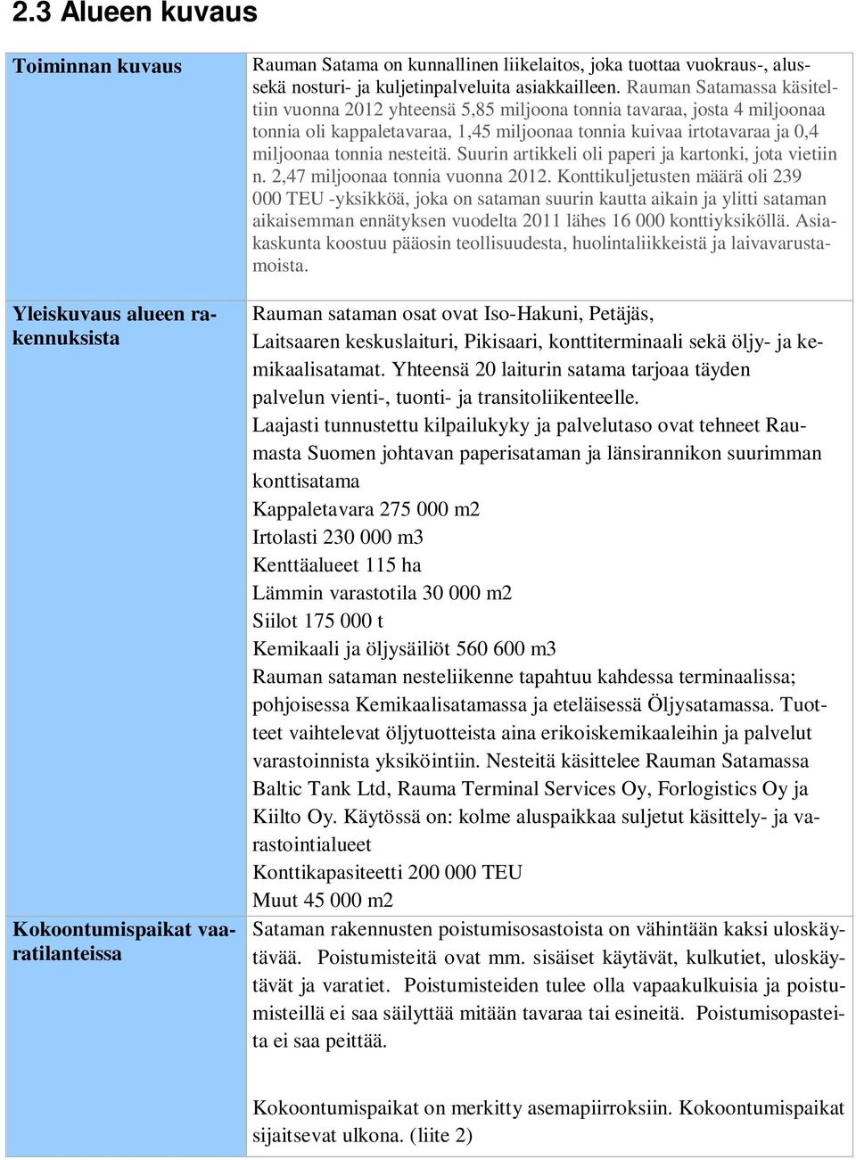 Rauman Satamassa käsiteltiin vuonna 2012 yhteensä 5,85 miljoona tonnia tavaraa, josta 4 miljoonaa tonnia oli kappaletavaraa, 1,45 miljoonaa tonnia kuivaa irtotavaraa ja 0,4 miljoonaa tonnia nesteitä.