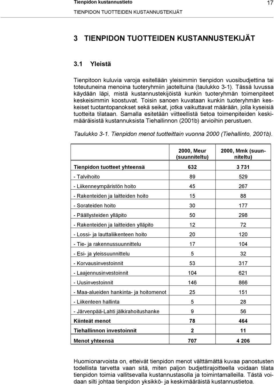 Tässä luvussa käydään läpi, mistä kustannustekijöistä kunkin tuoteryhmän toimenpiteet keskeisimmin koostuvat.