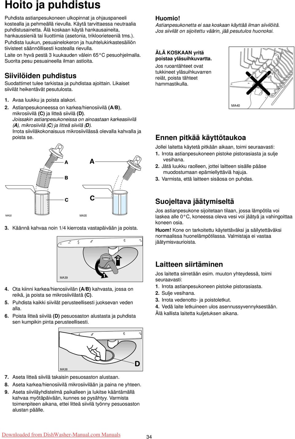 Puhdista luukun, pesuainelokeron ja huuhtelukirkastesäiliön tiivisteet säännöllisesti kostealla rievulla. Laite on hyvä pestä 3 kuukauden välein 65 C pesuohjelmalla.