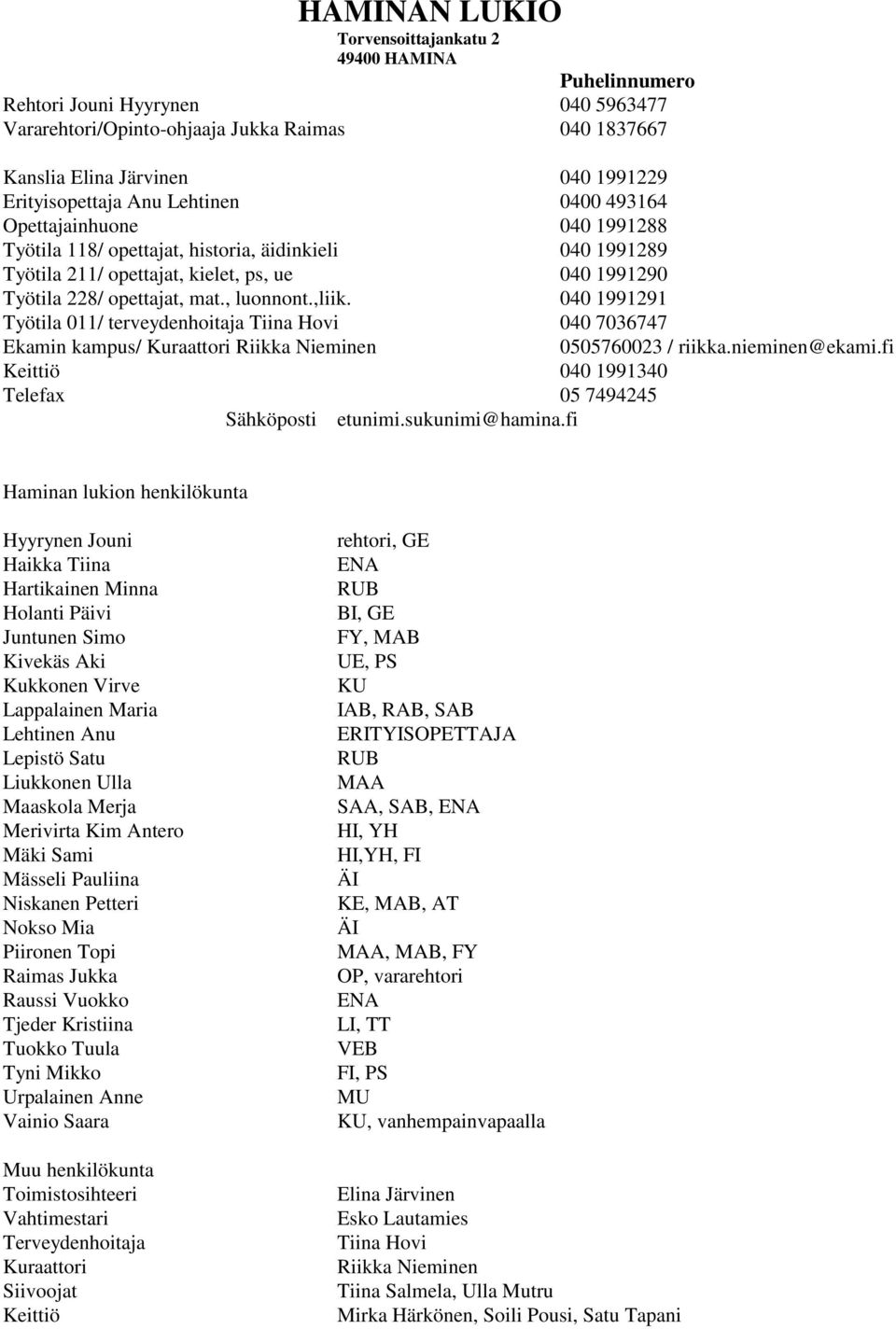 opettajat, mat., luonnont.,liik. 040 1991291 Työtila 011/ terveydenhoitaja Tiina Hovi 040 7036747 Ekamin kampus/ Kuraattori Riikka Nieminen 0505760023 / riikka.nieminen@ekami.