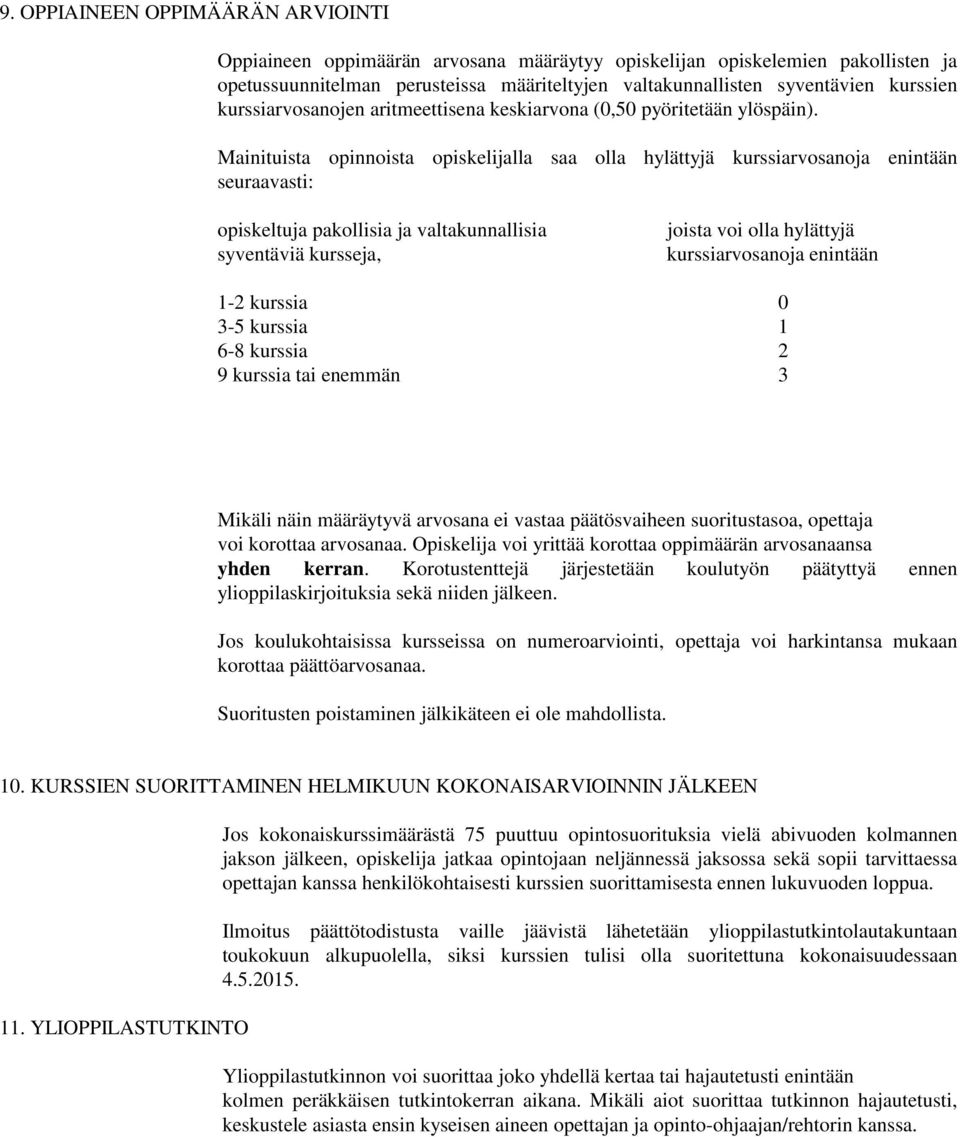 Mainituista opinnoista opiskelijalla saa olla hylättyjä kurssiarvosanoja enintään seuraavasti: opiskeltuja pakollisia ja valtakunnallisia syventäviä kursseja, joista voi olla hylättyjä