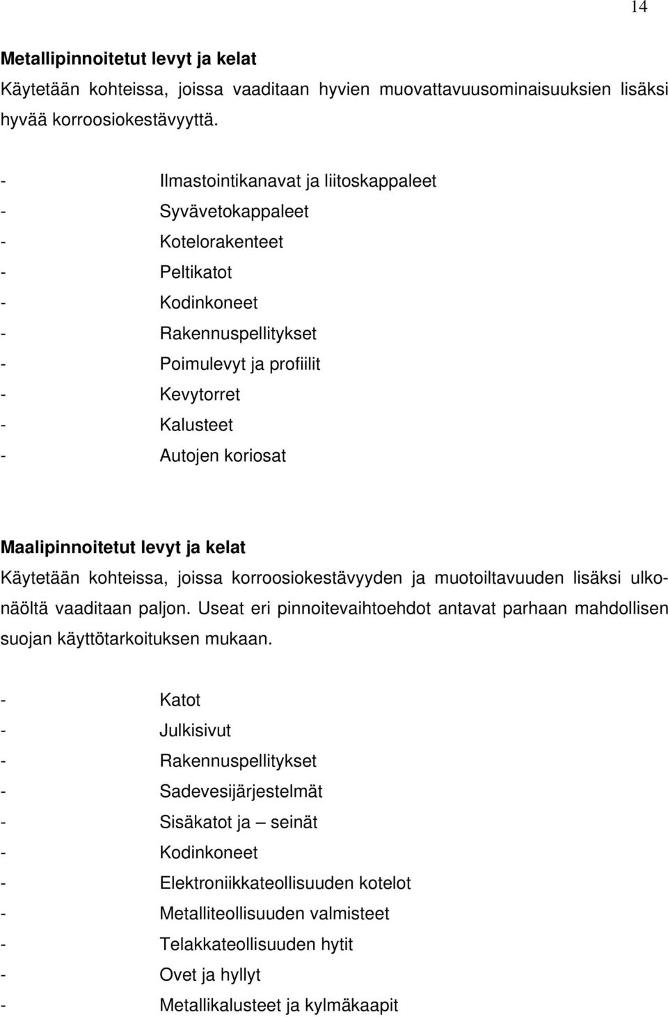 Maalipinnoitetut levyt ja kelat Käytetään kohteissa, joissa korroosiokestävyyden ja muotoiltavuuden lisäksi ulkonäöltä vaaditaan paljon.