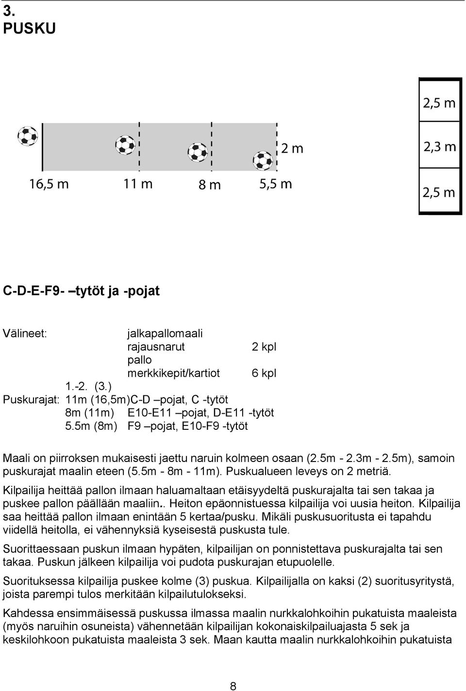 5m), samoin puskurajat maalin eteen (5.5m - 8m - 11m). Puskualueen leveys on 2 metriä.