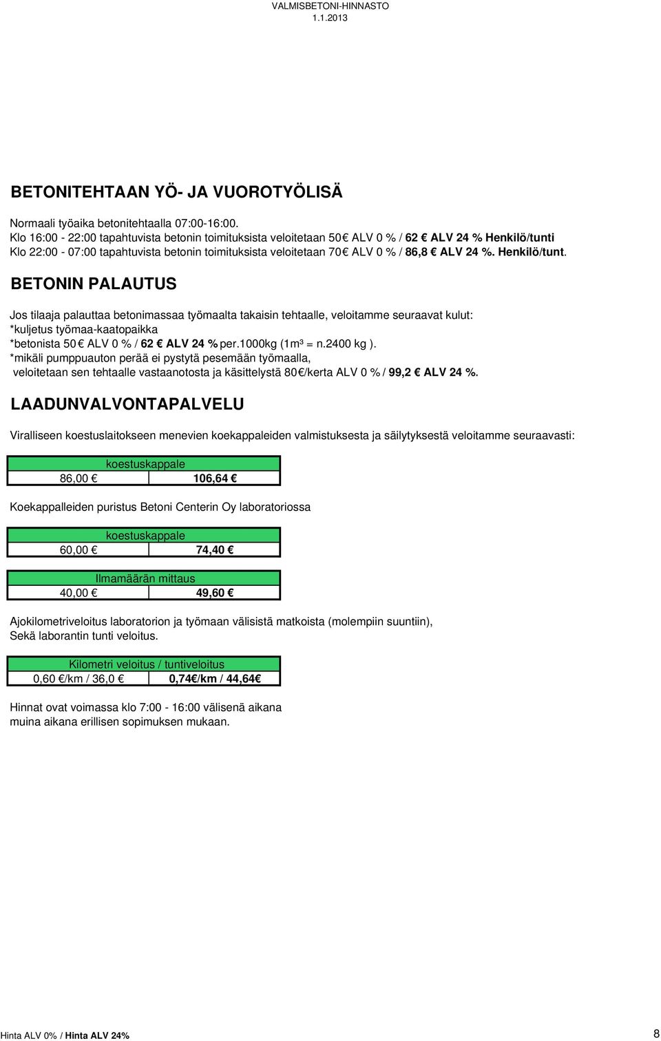 Henkilö/tunt. BETONIN PALAUTUS Jos tilaaja palauttaa betonimassaa työmaalta takaisin tehtaalle, veloitamme seuraavat kulut: *kuljetus työmaa-kaatopaikka *betonista 50 ALV 0 % / 62 ALV 24 % per.