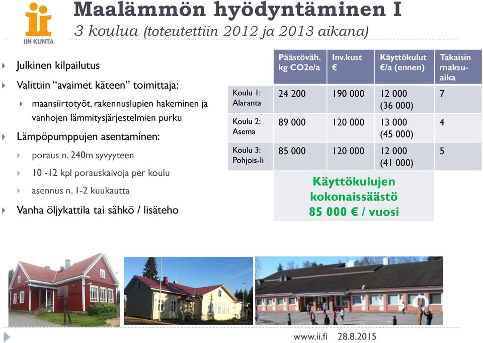 kust Käyttökulut /a (ennen) 24 200 190 000 12 000 (36 000) 89 000 120 000 13 000 (45 000) Takaisin maksuaika 7 4 poraus n.