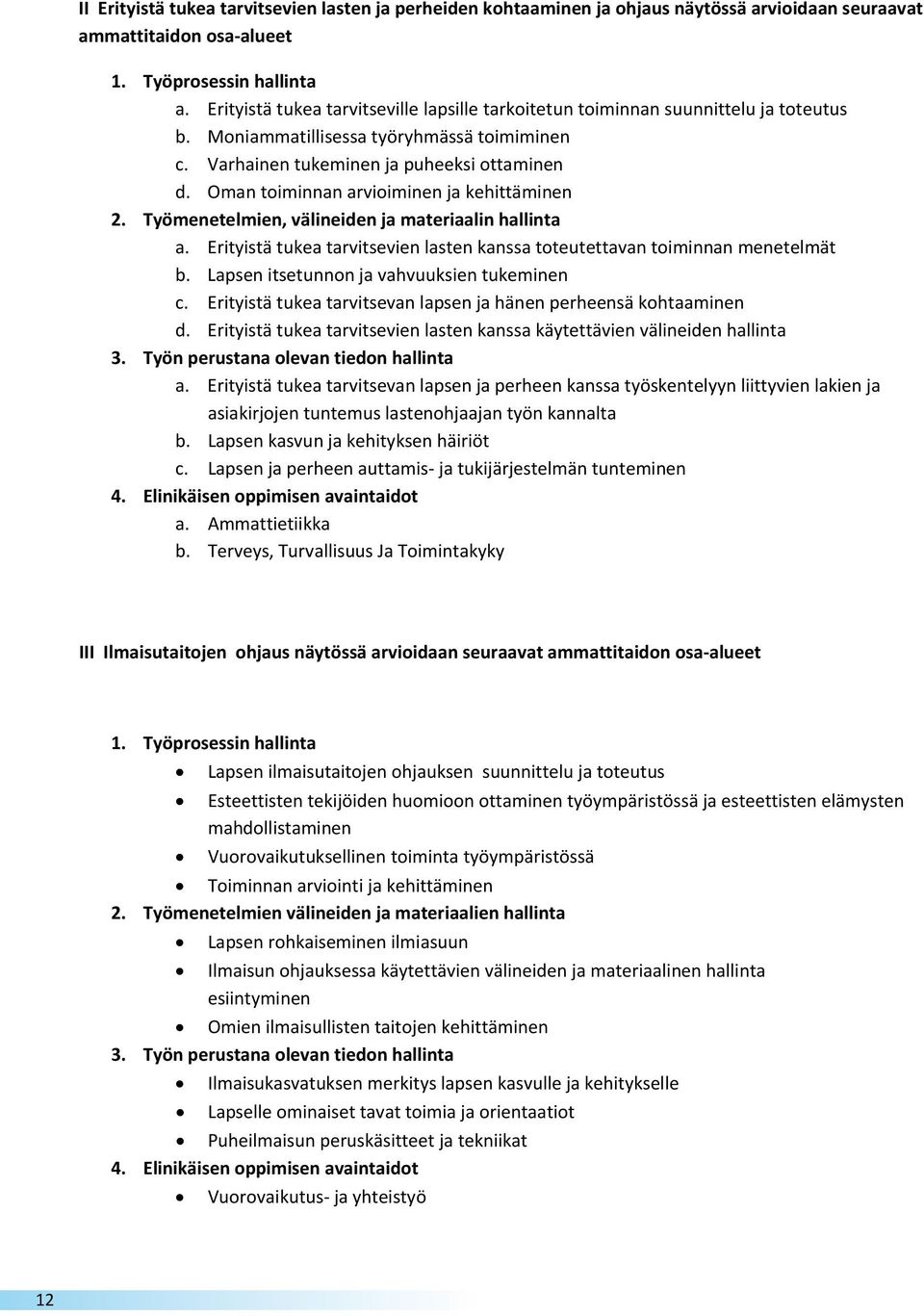 Oman toiminnan arvioiminen ja kehittäminen 2. Työmenetelmien, välineiden ja materiaalin hallinta a. Erityistä tukea tarvitsevien lasten kanssa toteutettavan toiminnan menetelmät b.