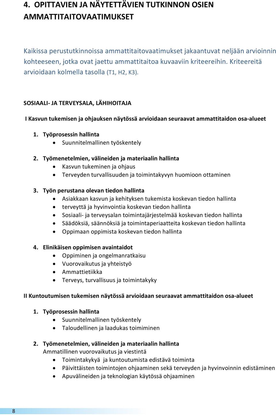 SOSIAALI JA TERVEYSALA, LÄHIHOITAJA I Kasvun tukemisen ja ohjauksen näytössä arvioidaan seuraavat ammattitaidon osa alueet 1. Työprosessin hallinta Suunnitelmallinen työskentely 2.