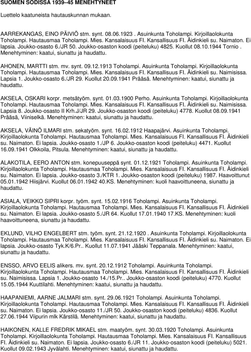 Kuollut 20.09.1941 Prääsä. Menehtyminen: kaatui, siunattu ja haudattu. AKSELA, OSKARI korpr. metsätyöm. synt. 01.03.1900 Perho. Asuinkunta Toholampi. Kirjoillaolokunta Lapsia 8. Joukko-osasto II Krh.