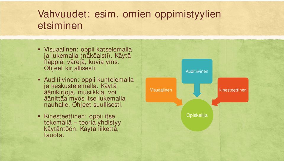 Käytä äänikirjoja, musiikkia, voi äänittää myös itse lukemalla nauhalle. Ohjeet suullisesti.