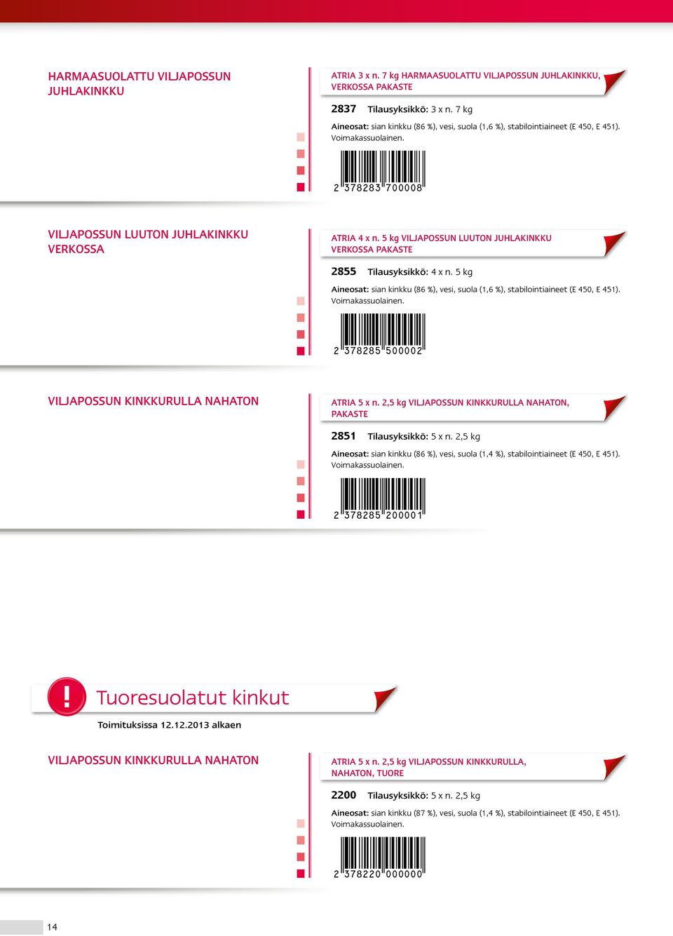 5 kg VILJAPOSSUN LUUTON JUHLAKINKKU VERKOSSA PAKASTE 2855 Tilausyksikkö: 4 x n. 5 kg Aineosat: sian kinkku (86 %), vesi, suola (1,6 %), stabilointiaineet (E 450, E 451). Voimakassuolainen.