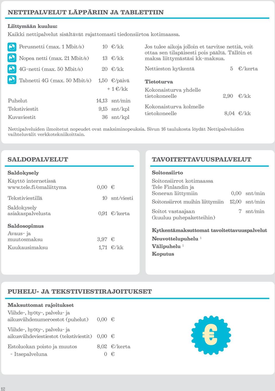 50 Mbit/s) Puhelut Tekstiviestit Kuvaviestit 10 /kk 13 /kk 20 /kk 1,50 /päivä + 1 /kk 14,13 snt/min 9,15 snt/kpl 36 snt/kpl Jos tulee aikoja jolloin et tarvitse nettiä, voit ottaa sen tilapäisesti