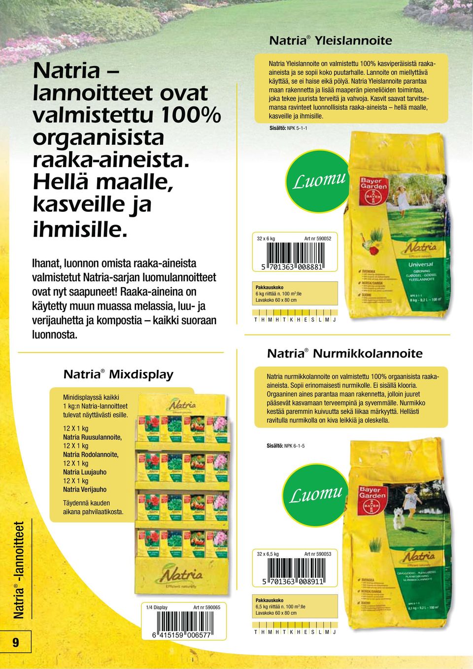 Raaka-aineina on käytetty muun muassa melassia, luu- ja verijauhetta ja kompostia kaikki suoraan luonnosta. Natria Minidisplayssä kaikki 1 kg:n Natria-lannoitteet tulevat näyttävästi esille.