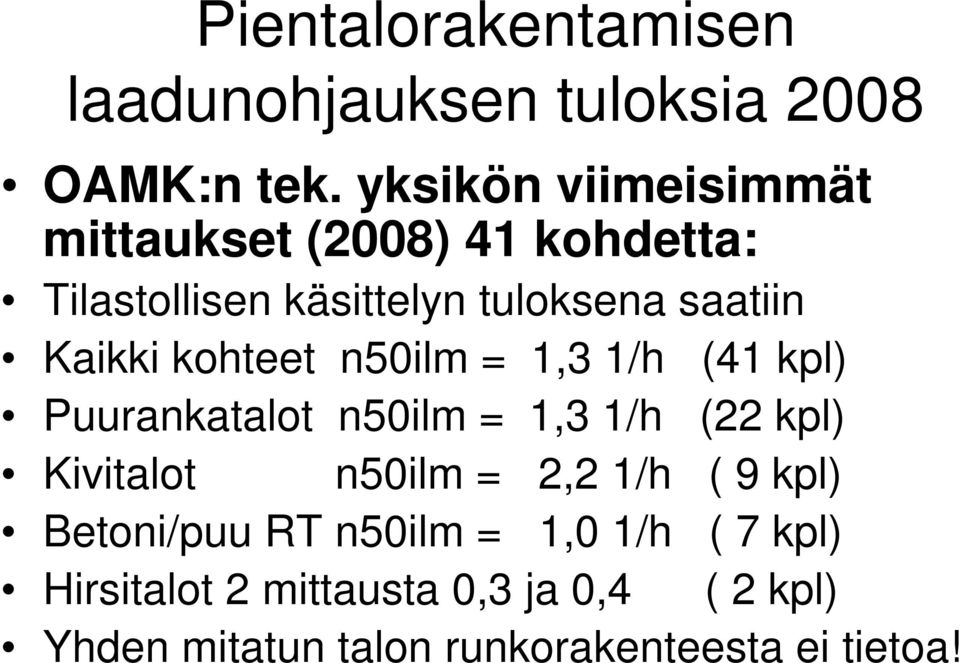 kohteet n50ilm = 1,3 1/h (41 kpl) Puurankatalot n50ilm = 1,3 1/h (22 kpl) Kivitalot n50ilm = 2,2 1/h