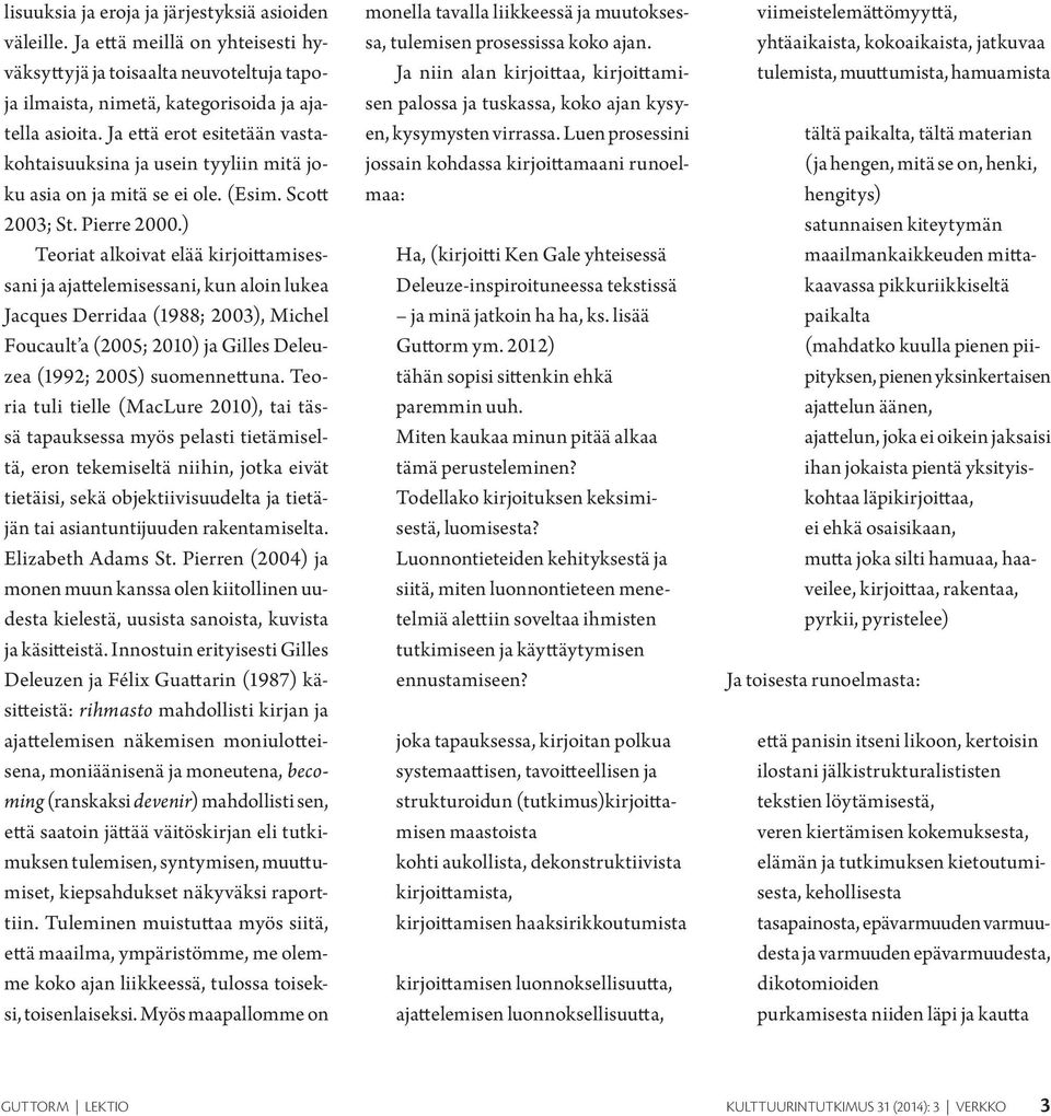 ) Teoriat alkoivat elää kirjoittamisessani ja ajattelemisessani, kun aloin lukea Jacques Derridaa (1988; 2003), Michel Foucault a (2005; 2010) ja Gilles Deleuzea (1992; 2005) suomennettuna.