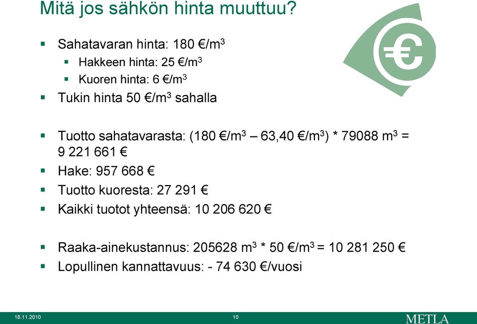 sahalla Tuotto sahatavarasta: (180 /m 3 63,40 /m 3 ) * 79088 m 3 = 9 221 661 Hake: 957 668