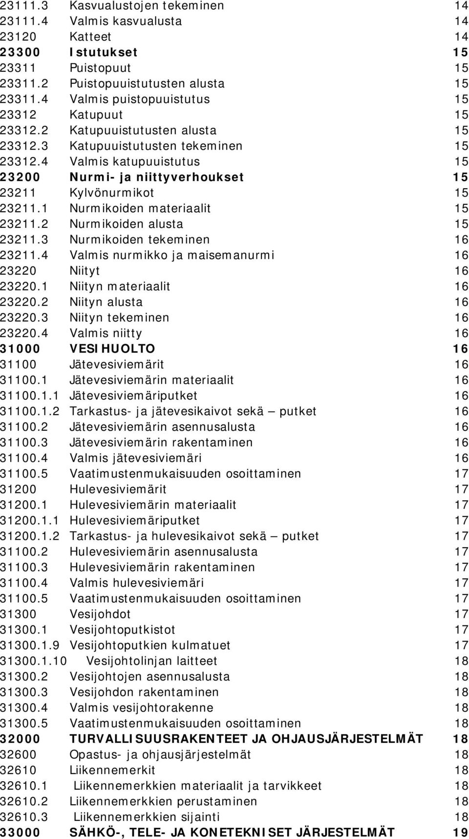 4 Valmis katupuuistutus 15 23200 Nurmi- ja niittyverhoukset 15 23211 Kylvönurmikot 15 23211.1 Nurmikoiden materiaalit 15 23211.2 Nurmikoiden alusta 15 23211.3 Nurmikoiden tekeminen 16 23211.