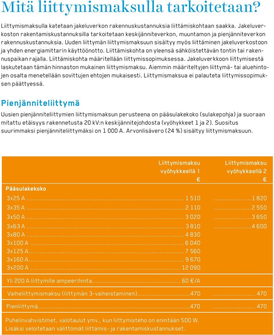 Uuden liittymän liittymismaksuun sisältyy myös liittäminen jakeluverkostoon ja yhden energiamittarin käyttöönotto. Liittämiskohta on yleensä sähköistettävän tontin tai rakennuspaikan rajalla.