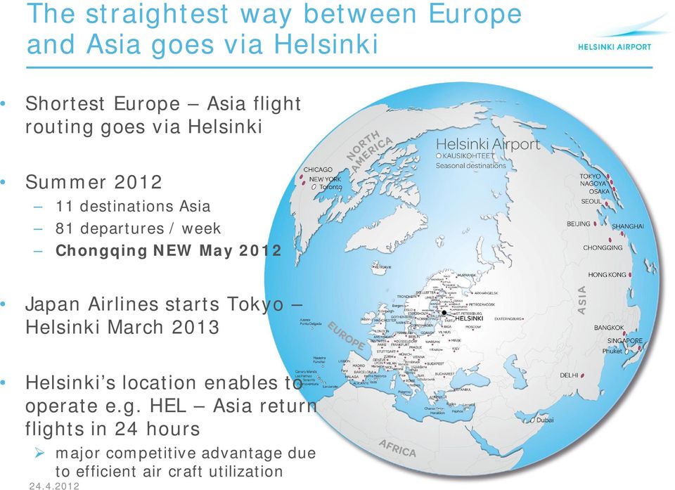 May 2012 Japan Airlines starts Tokyo Helsinki March 2013 Helsinki s location enables to operate
