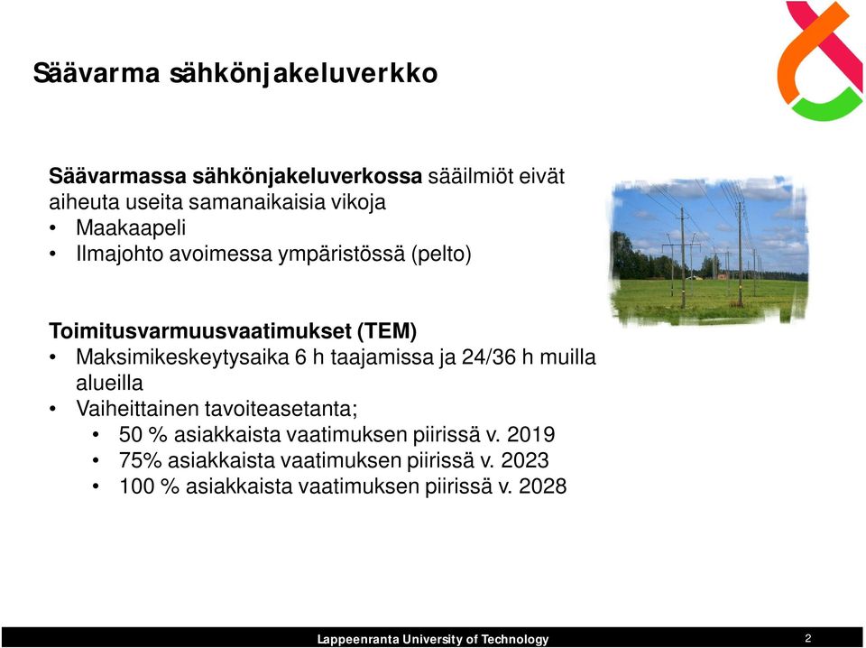 Maksimikeskeytysaika 6 h taajamissa ja 24/36 h muilla alueilla Vaiheittainen tavoiteasetanta; 50 %