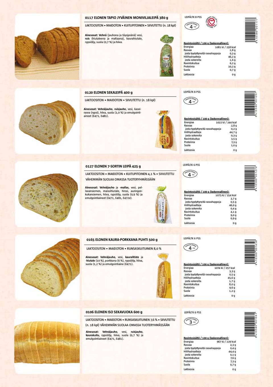 LEIPÄLTK 8 PSS 1081 kj / 258 kcal 2,8 g josta tyydyttyneitä rasvahappoja 0,3 g 46,2 g 1,6 g 6,2 g 10,2 g *6410580001177* 0120 ELONEN SEKALEIPÄ 40 MAIDOTON SIIVUTETTU (n.