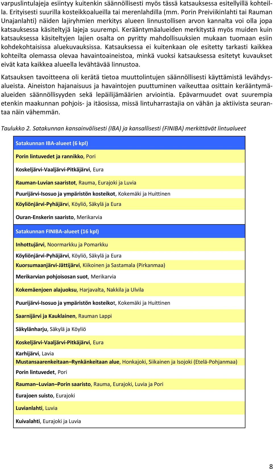 Kerääntymäalueiden merkitystä myös muiden kuin katsauksessa käsiteltyjen lajien osalta on pyritty mahdollisuuksien mukaan tuomaan esiin kohdekohtaisissa aluekuvauksissa.