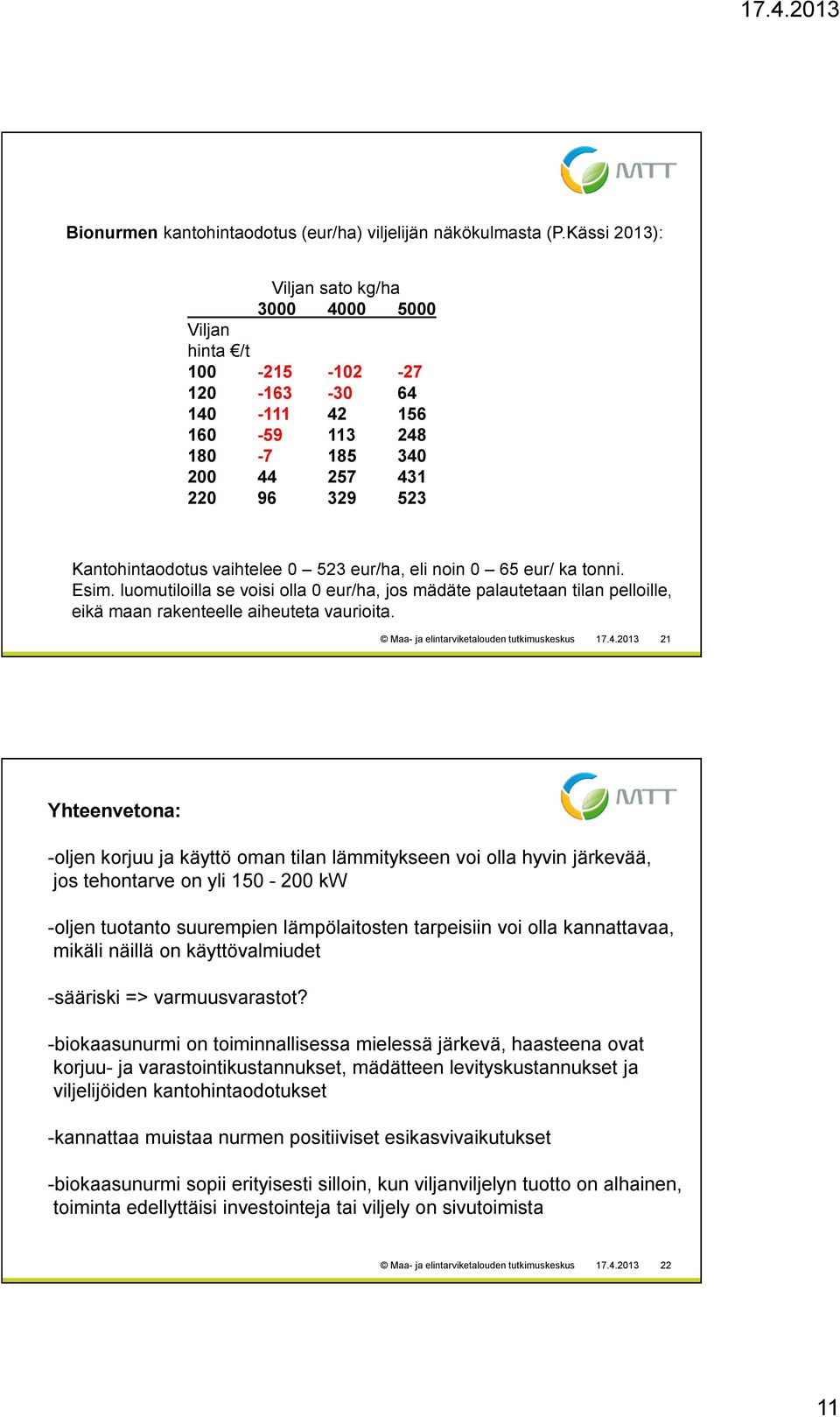 ka tonni. Esim. luomutiloilla se voisi olla eur/ha, jos mädäte palautetaan tilan pelloille, eikä maan rakenteelle aiheuteta vaurioita. Maa- ja elintarviketalouden tutkimuskeskus 17.4.