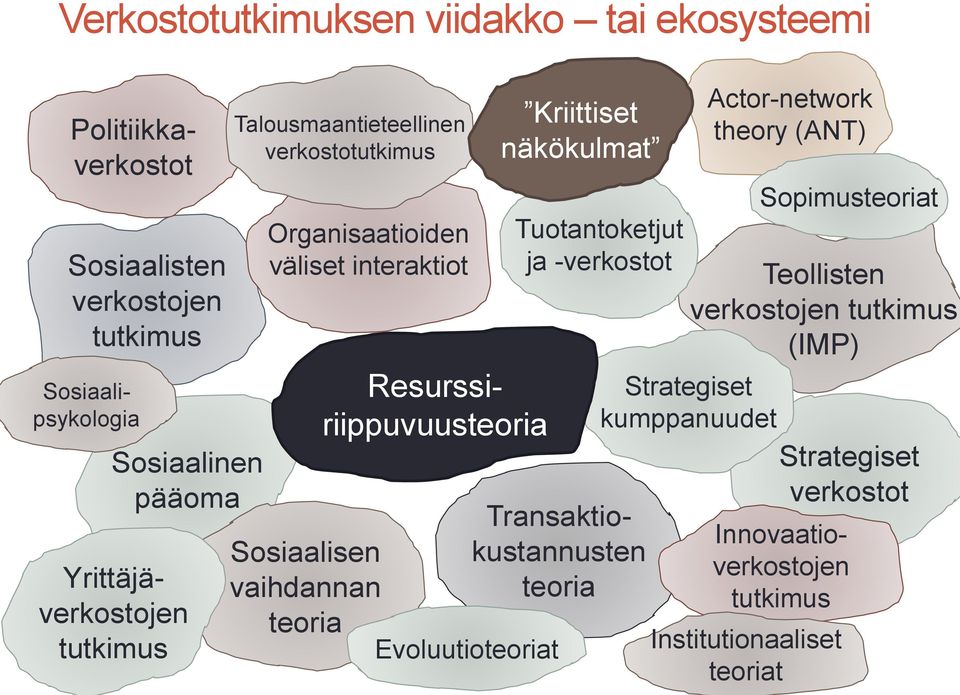 Politiikkaverkostot Evoluutioteoriat Kriittiset näkökulmat Tuotantoketjut ja -verkostot Transaktiokustannusten teoria Actor-network theory (ANT)