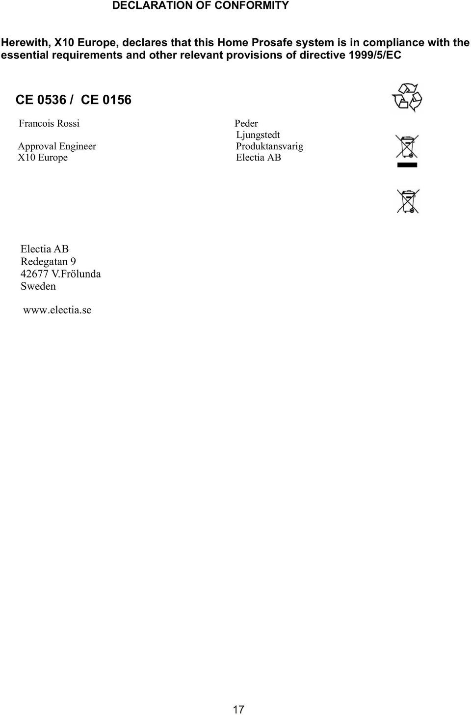 1999/5/EC CE 0536 / CE 0156 Francois Rossi Peder Ljungstedt Approval Engineer