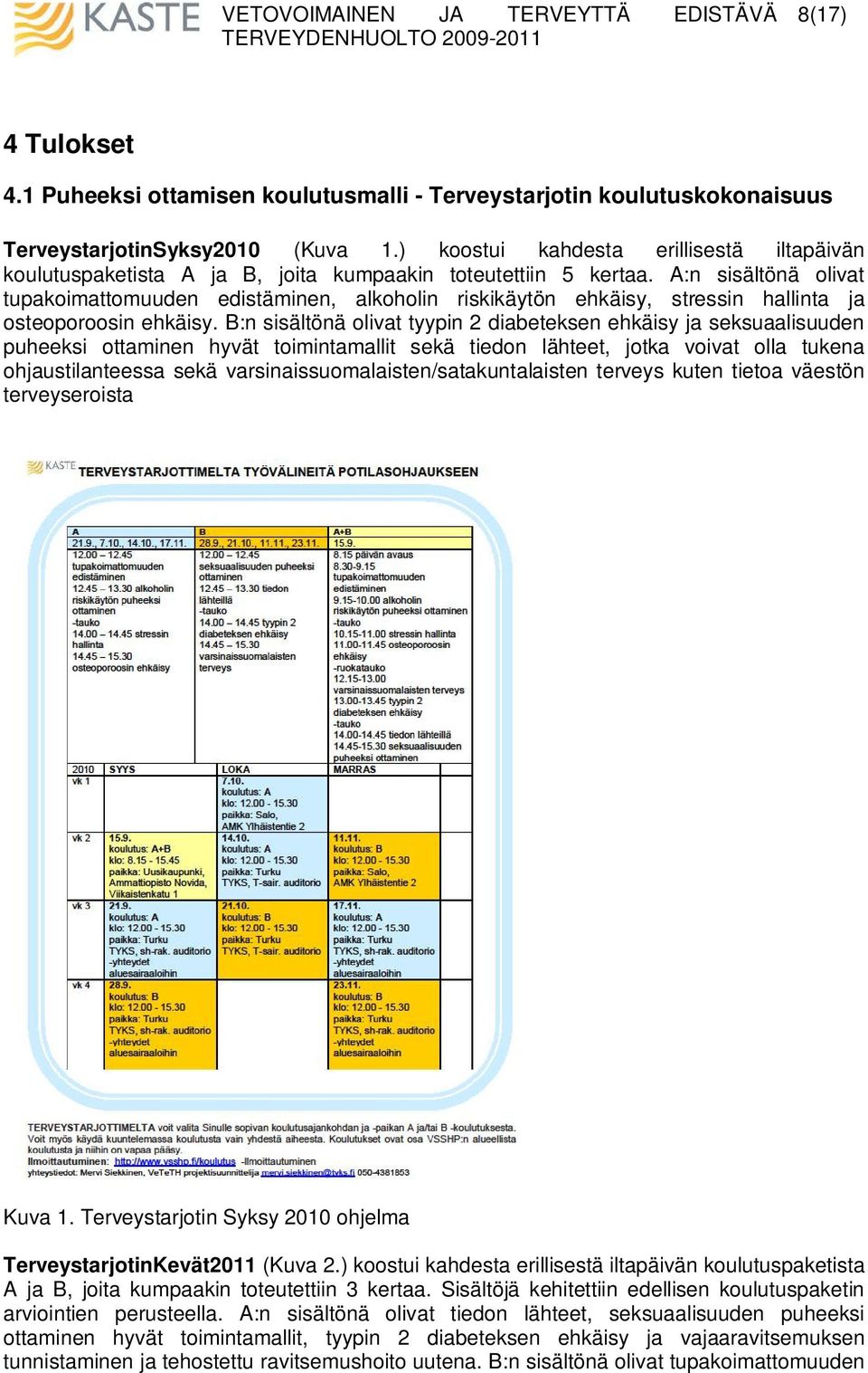 A:n sisältönä olivat tupakoimattomuuden edistäminen, alkoholin riskikäytön ehkäisy, stressin hallinta ja osteoporoosin ehkäisy.