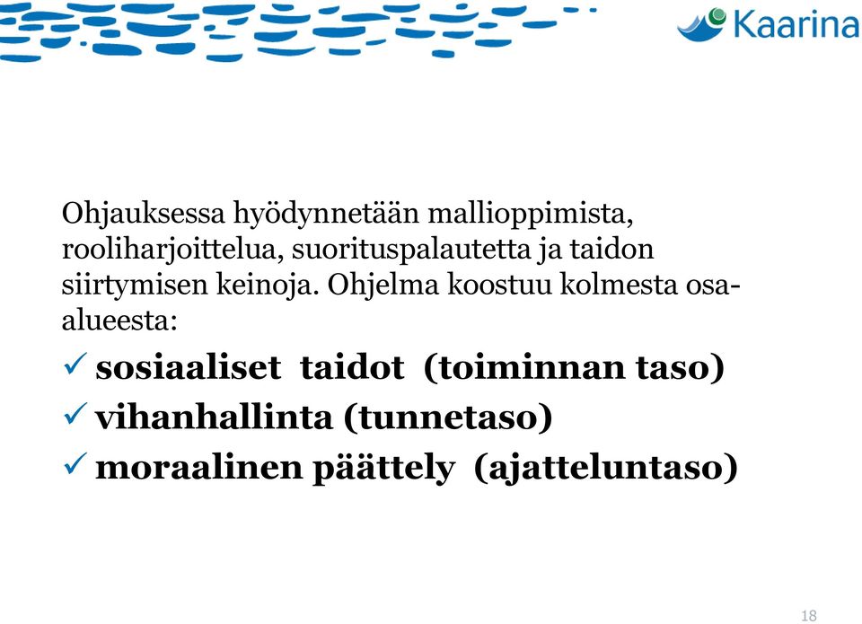 Ohjelma koostuu kolmesta osaalueesta: sosiaaliset taidot