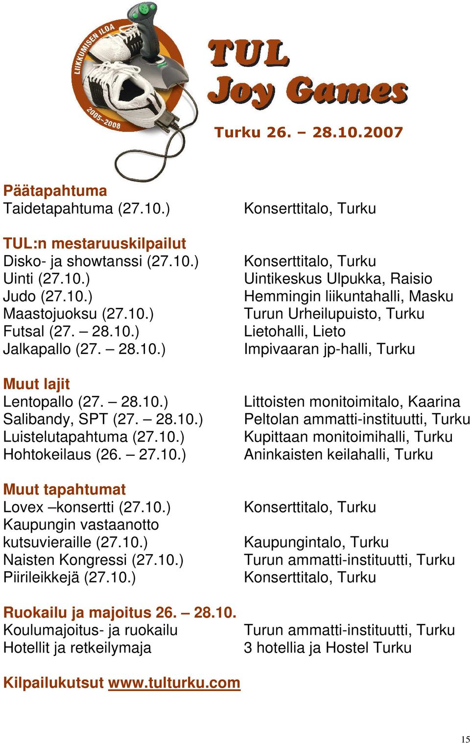 10.) Naisten Kongressi (27.10.) Piirileikkejä (27.10.) Ruokailu ja majoitus 26. 28.10. Koulumajoitus- ja ruokailu Hotellit ja retkeilymaja Konserttitalo, Turku Konserttitalo, Turku Uintikeskus