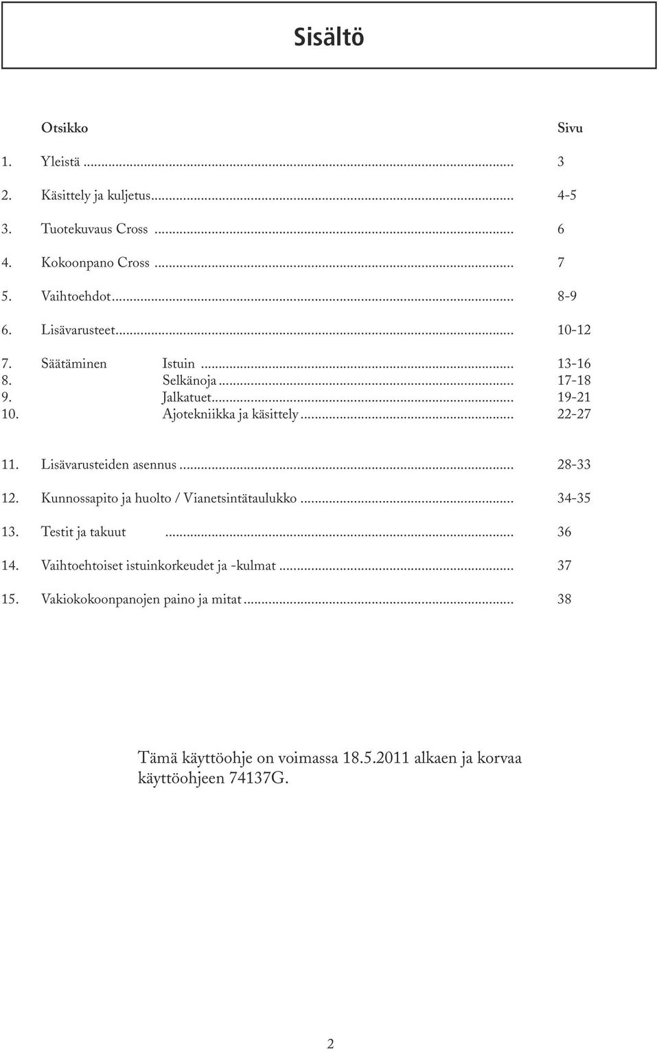 Lisävarusteiden asennus... 28-33 12. Kunnossapito ja huolto / Vianetsintätaulukko... 34-35 13. Testit ja takuut... 36 14.