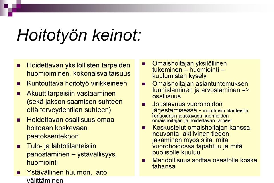 Omaishoitajan yksilöllinen tukeminen huomiointi kuulumisten kysely Omaishoitajan asiantuntemuksen tunnistaminen ja arvostaminen => osallisuus Joustavuus vuorohoidon järjestämisessä - muuttuviin