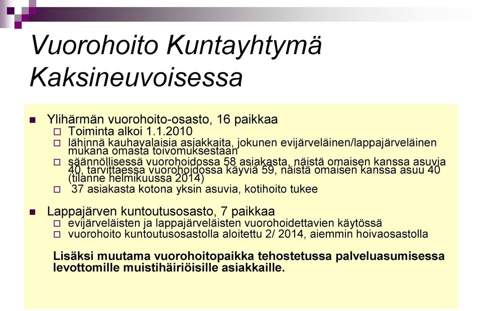 1.2010 lähinnä kauhavalaisia asiakkaita, jokunen evijärveläinen/lappajärveläinen mukana omasta toivomuksestaan säännöllisessä vuorohoidossa 58 asiakasta, näistä omaisen kanssa