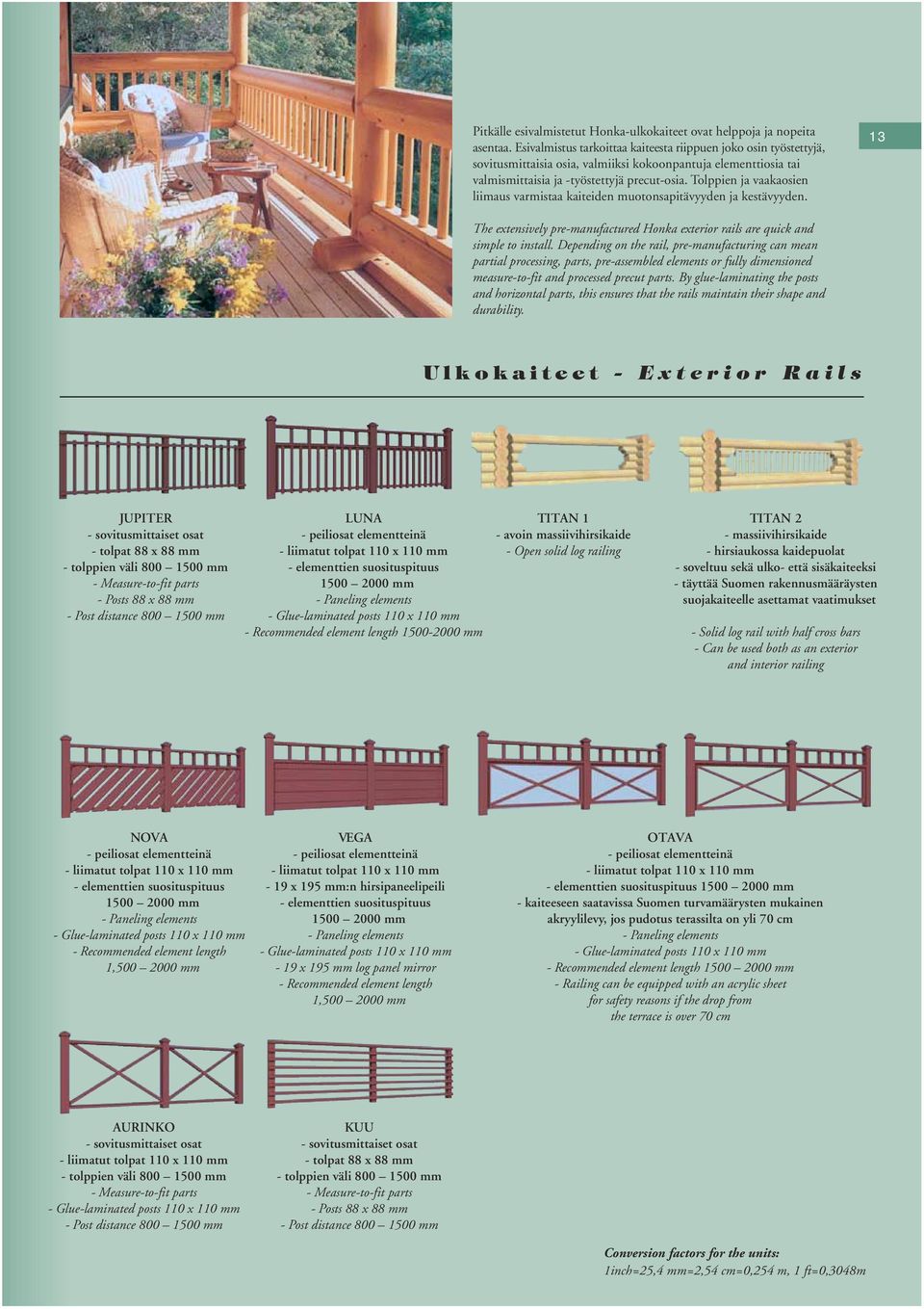 Tolppien ja vaakaosien liimaus varmistaa kaiteiden muotonsapitävyyden ja kestävyyden. 13 The extensively pre-manufactured Honka exterior rails are quick and simple to install.