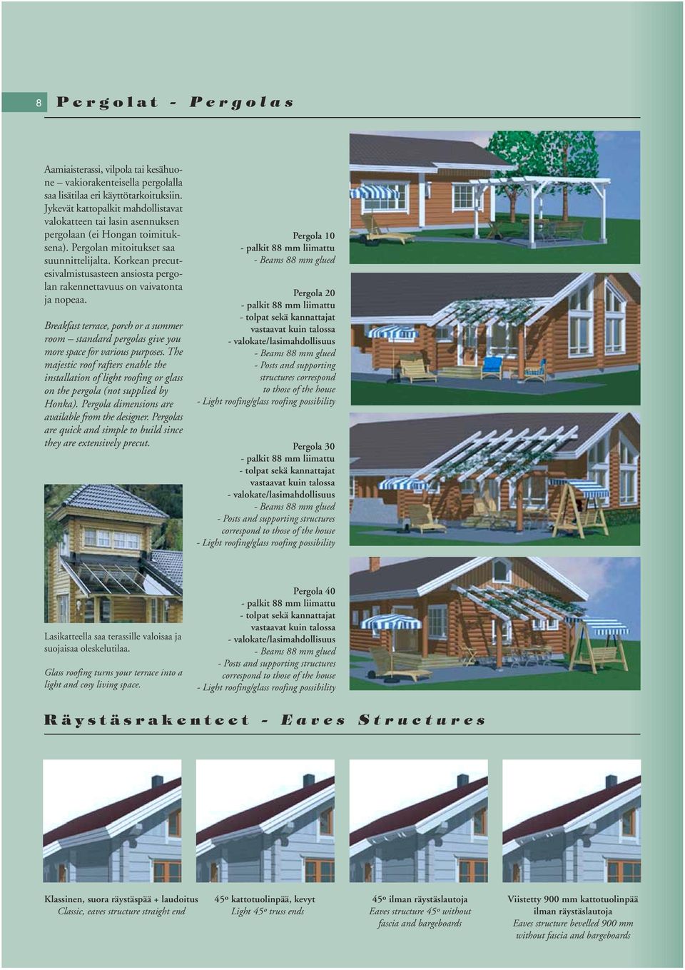 Korkean precutesivalmistusasteen ansiosta pergolan rakennettavuus on vaivatonta ja nopeaa. Breakfast terrace, porch or a summer room standard pergolas give you more space for various purposes.
