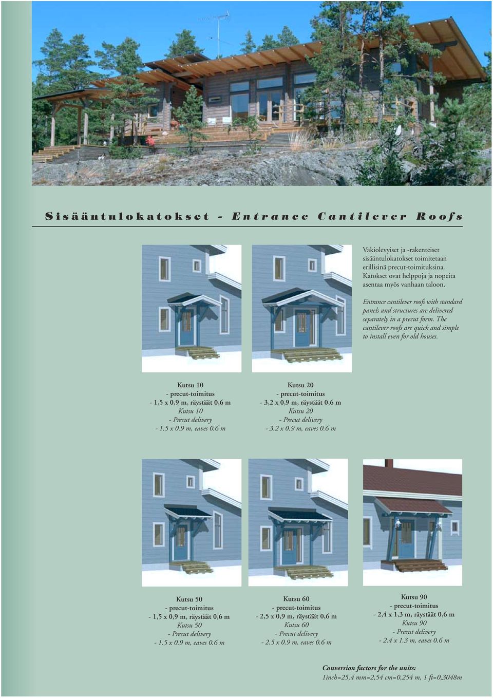 The cantilever roofs are quick and simple to install even for old houses. Kutsu 10 - precut-toimitus - 1,5 x 0,9 m, räystäät 0,6 m Kutsu 10 - Precut delivery - 1.5 x 0.9 m, eaves 0.