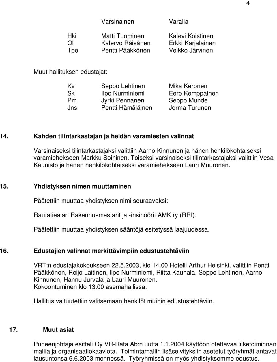 Kahden tilintarkastajan ja heidän varamiesten valinnat Varsinaiseksi tilintarkastajaksi valittiin Aarno Kinnunen ja hänen henkilökohtaiseksi varamiehekseen Markku Soininen.