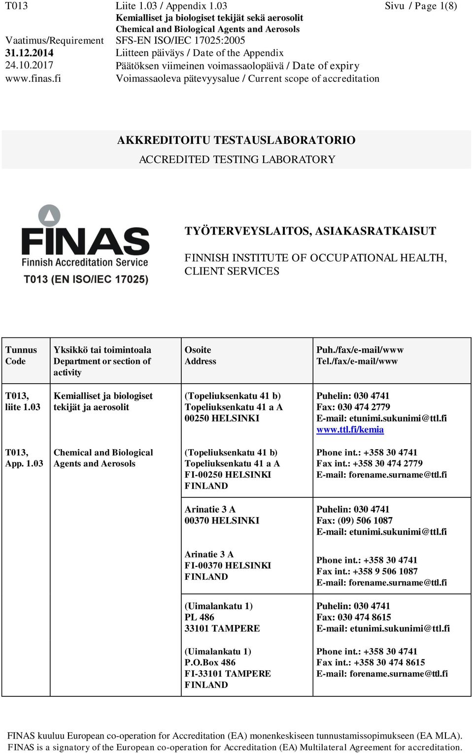 toimintoala Department or section of activity Osoite Address Puh./fax/e-mail/www Tel./fax/e-mail/www T013, liite 1.