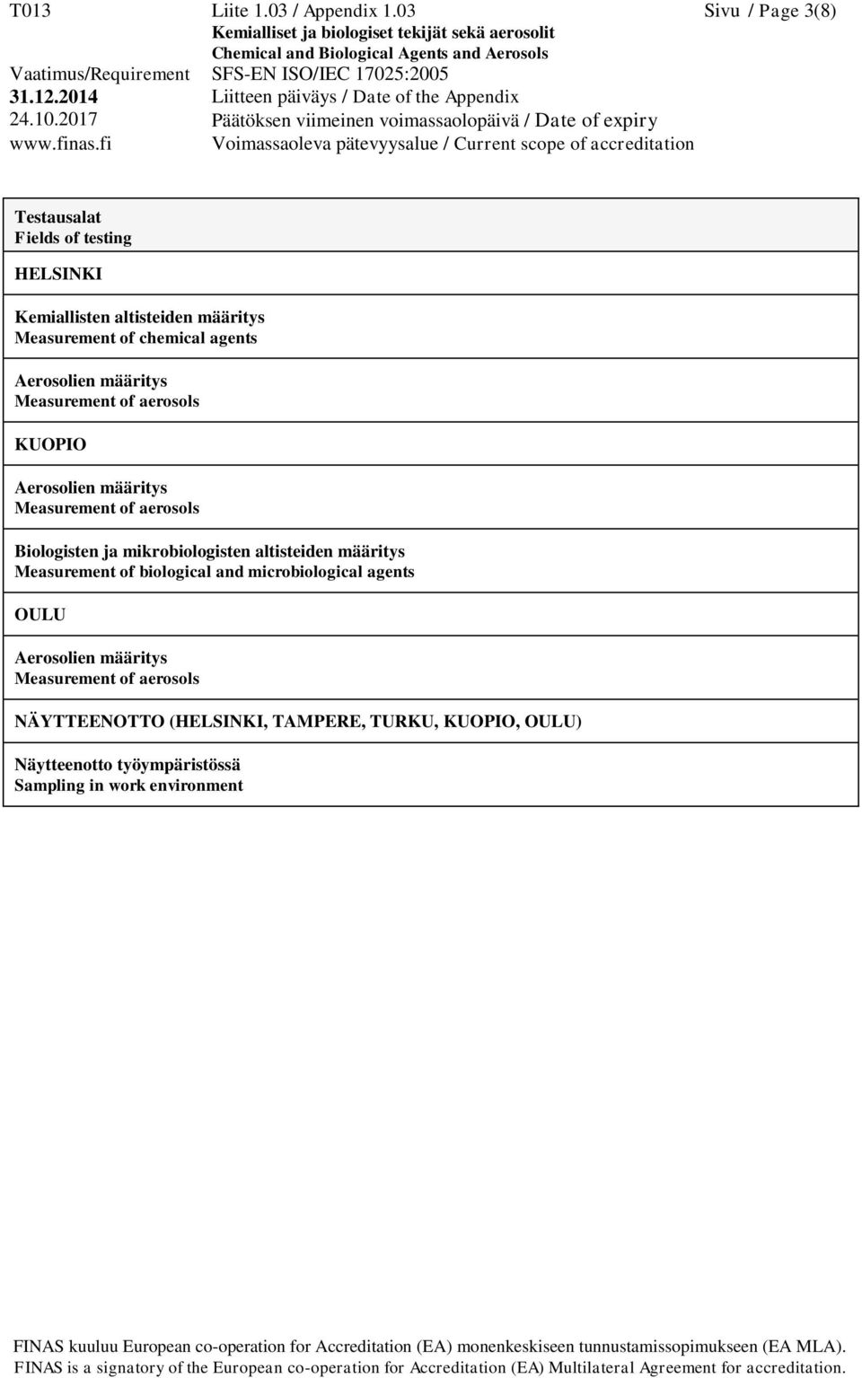 Measurement of chemical agents KUOPIO Biologisten ja mikrobiologisten altisteiden määritys