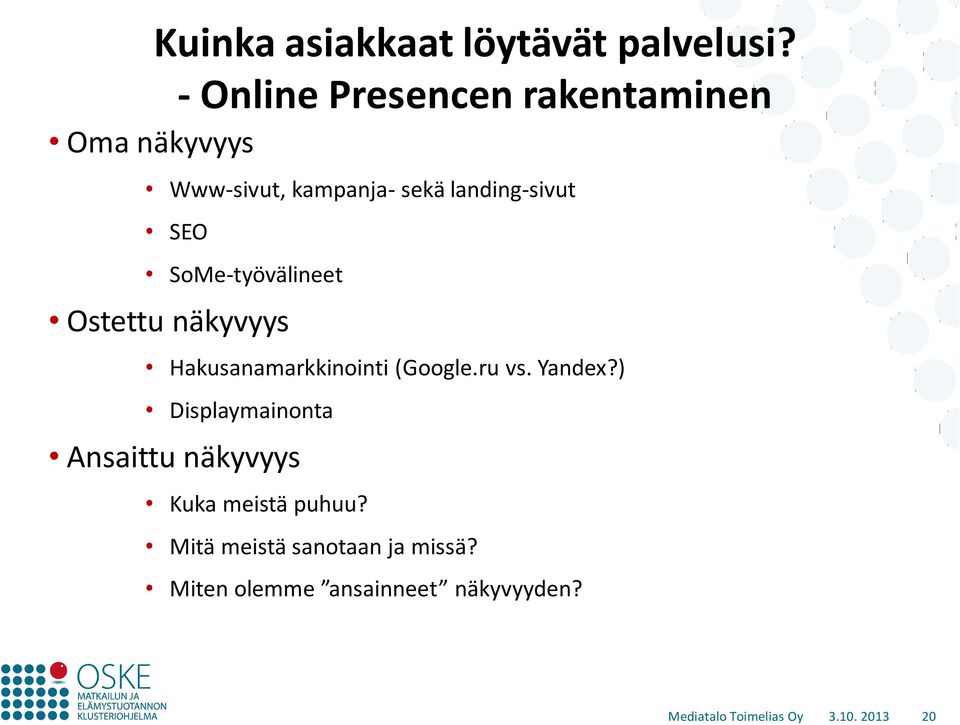 SoMe-työvälineet Ostettu näkyvyys Hakusanamarkkinointi (Google.ru vs. Yandex?