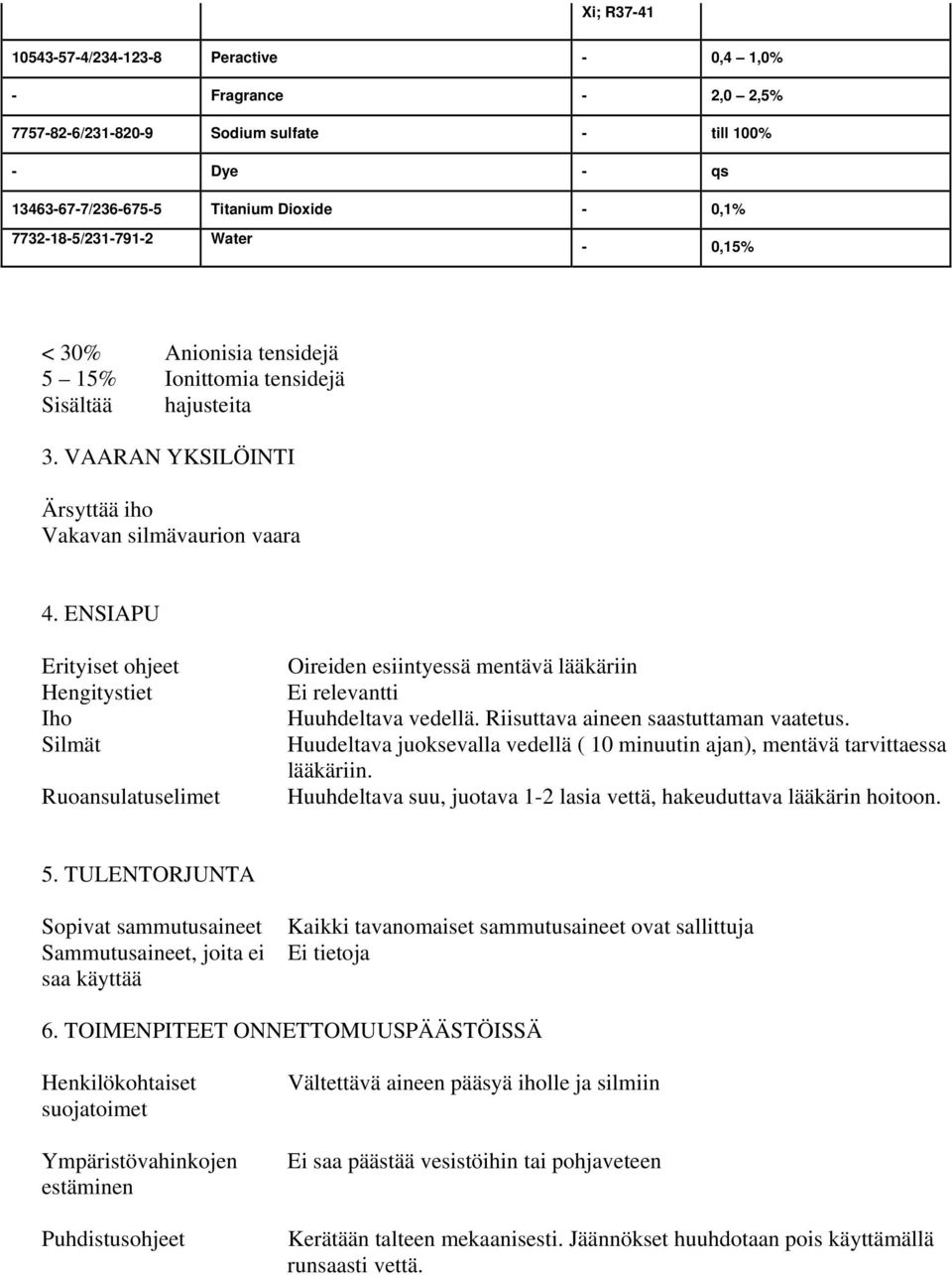 ENSIAPU Hengitystiet Iho Silmät Ruoansulatuselimet Oireiden esiintyessä mentävä lääkäriin Ei relevantti Huuhdeltava vedellä. Riisuttava aineen saastuttaman vaatetus.