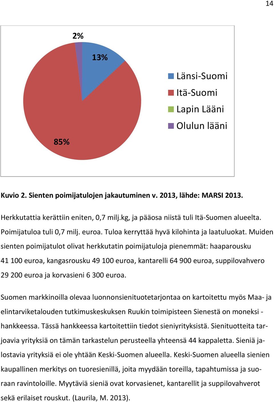 Muiden sienten poimijatulot olivat herkkutatin poimijatuloja pienemmät: haaparousku 41 100 euroa, kangasrousku 49 100 euroa, kantarelli 64 900 euroa, suppilovahvero 29 200 euroa ja korvasieni 6 300