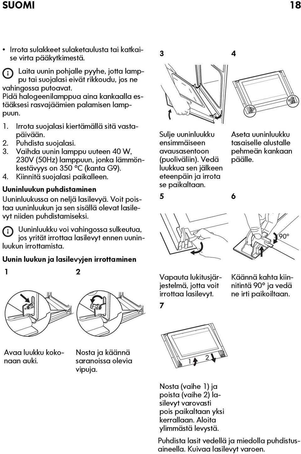 Vaihda uunin lamppu uuteen 40 W, 230V (50Hz) lamppuun, jonka lämmönkestävyys on 350 C (kanta G9). 4. Kiinnitä suojalasi paikalleen. Uuninluukun puhdistaminen Uuninluukussa on neljä lasilevyä.