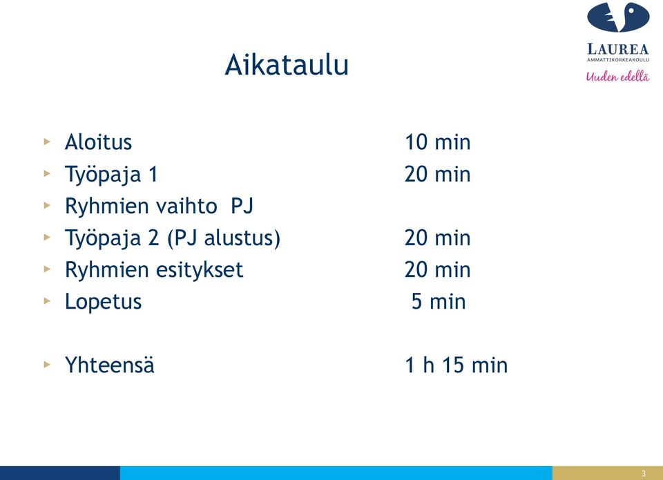 Ryhmien esitykset Lopetus 10 min 20