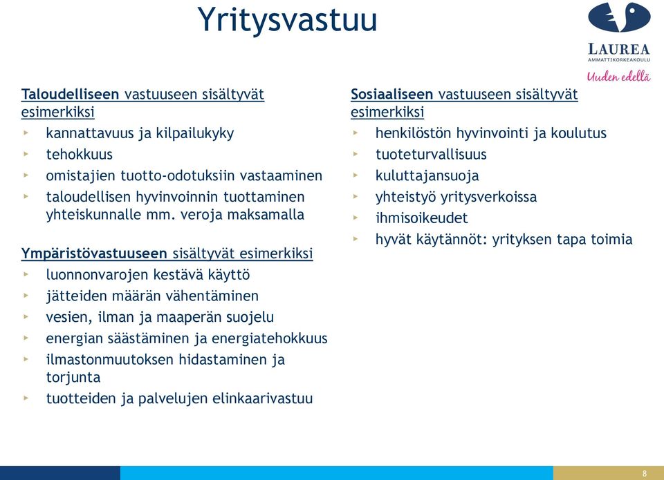 veroja maksamalla Ympäristövastuuseen sisältyvät esimerkiksi luonnonvarojen kestävä käyttö jätteiden määrän vähentäminen vesien, ilman ja maaperän suojelu energian